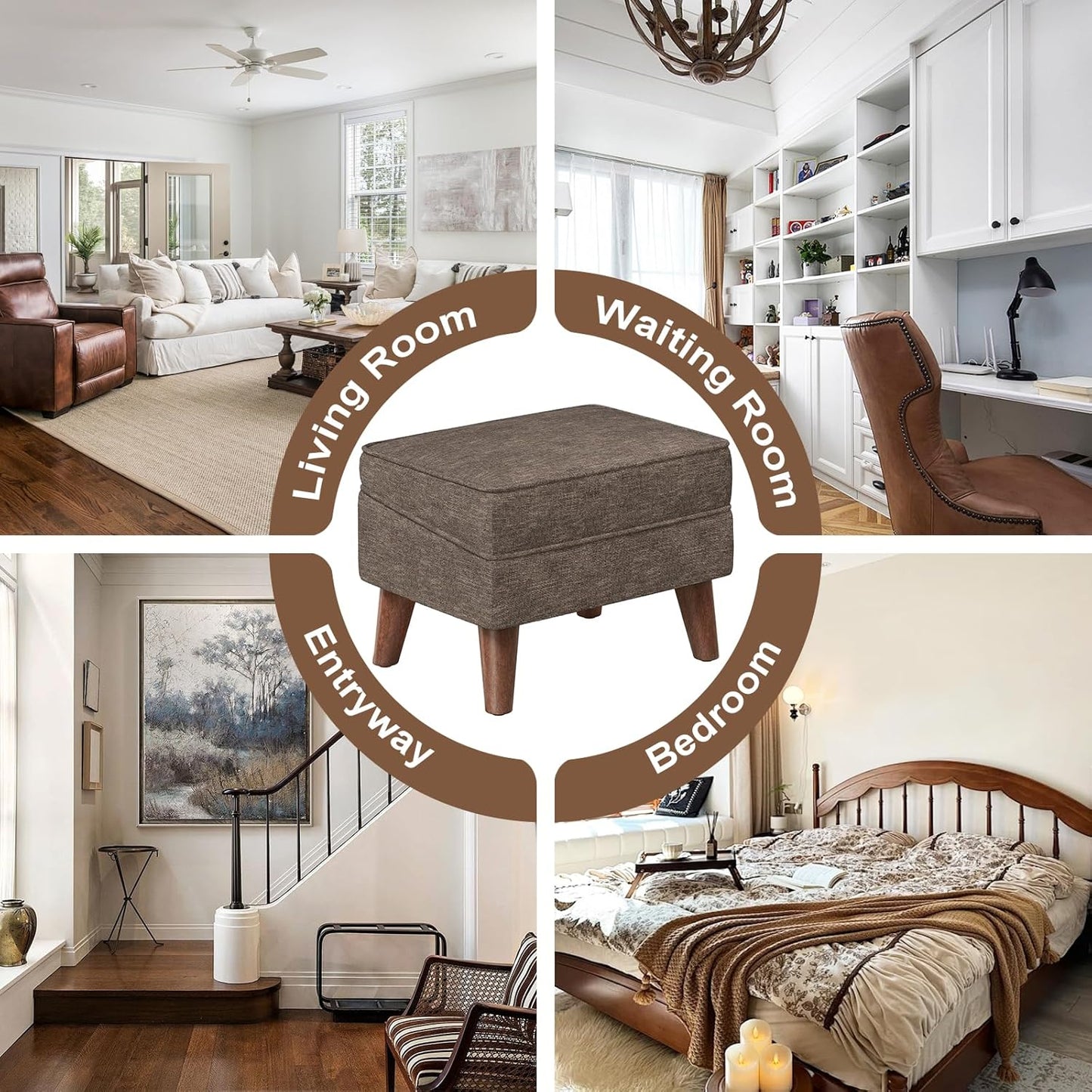 Small Footstool Ottoman with Adjustable Lid, Modern Storage Ottoman, Foot Rest for Couch, Foot Stool with Sturdy Wood Legs for Living Room, Bedroom, Enterway, Brown