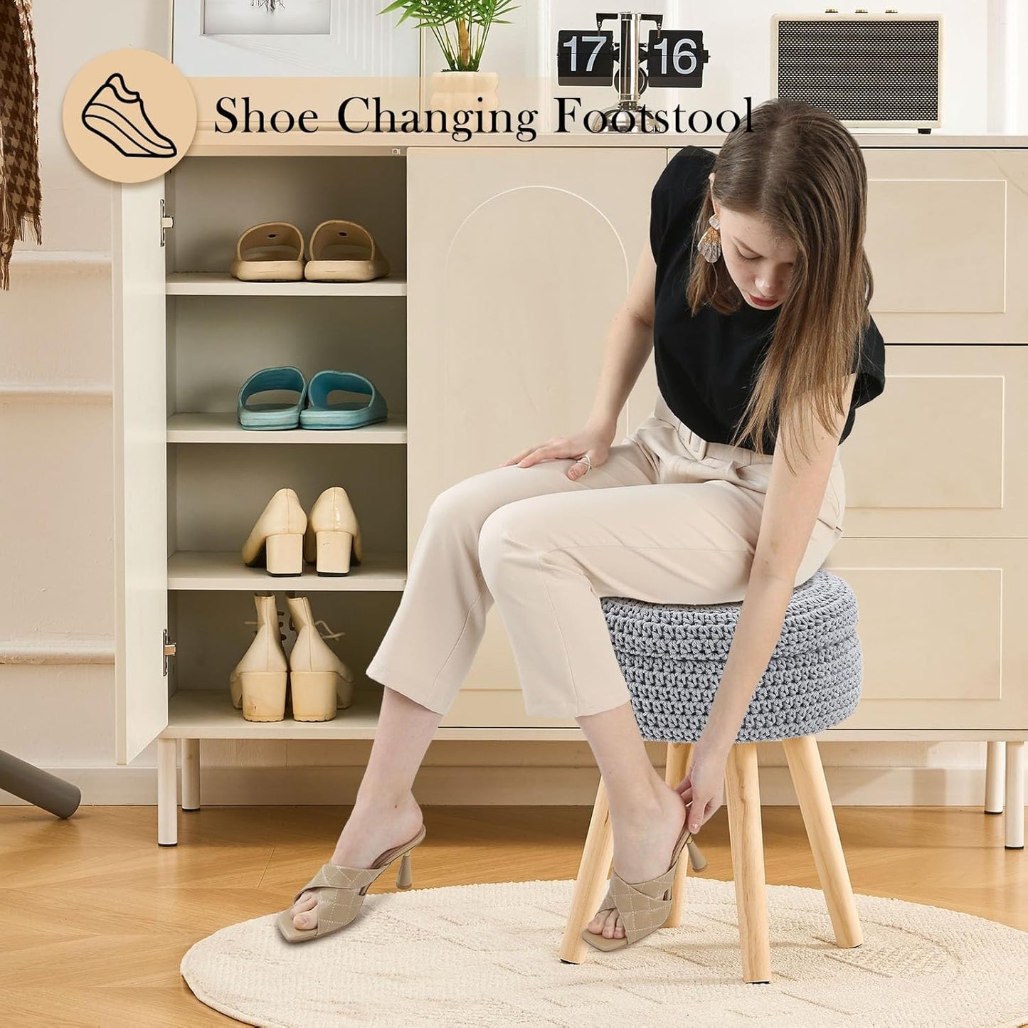 Round Foot Stool Ottoman with Storage Footrest with Wood Legs Cotton Knitted Vanity Stool Tray Top Coffee Table Multifunctional Upholstered Footstool for Living Room Bedroom Grey