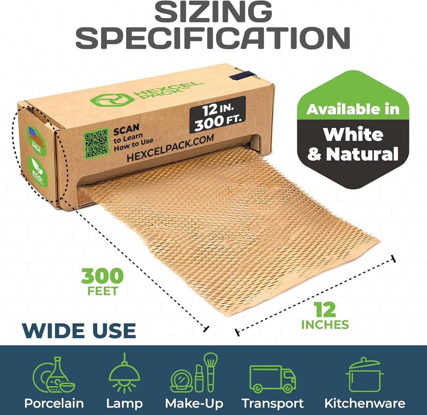 HexcelWrap Mini - Honeycomb Packing Paper, Eco-Friendly, Sustainable Paper Bubble Wrap for Shipping & Moving, Cushioned Packing Material in Dispenser - Natural, Pallet of 112, 12" x 300'