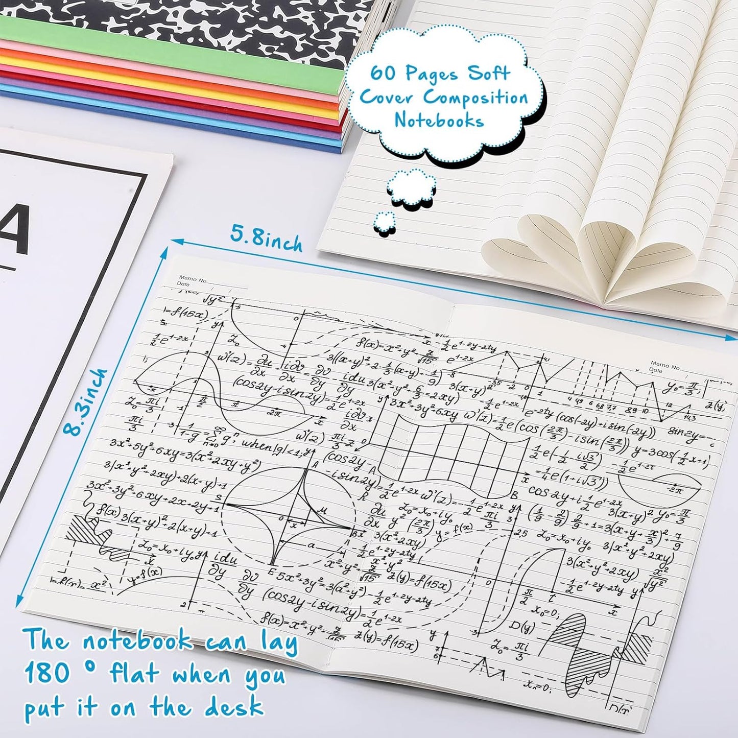 Fainne 100 Pack A5 Composition Notebooks Bulk College Ruled Composition Notebooks Marble Covers Notebook for Student Classroom Office Supplies 30 Sheet/60 Page(Multicolor Spine)