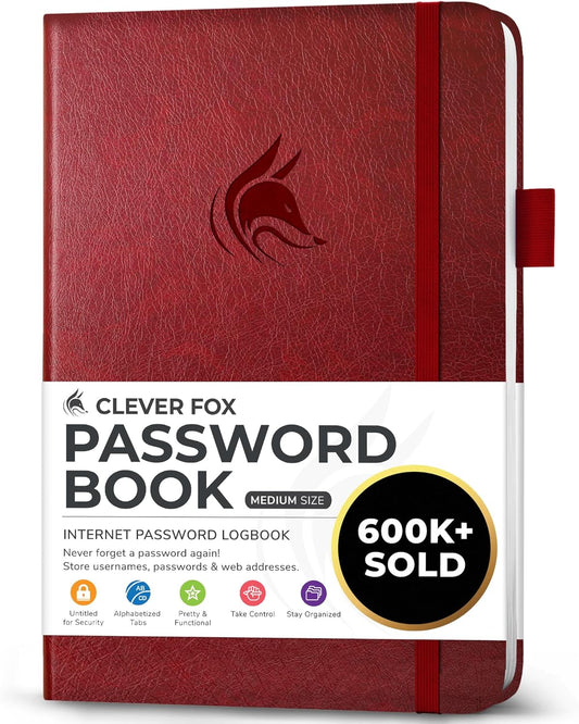 Clever Fox Password Book with alphabetical tabs. Internet Address Organizer Logbook. Medium Password Keeper for Website Logins (Wine Red)