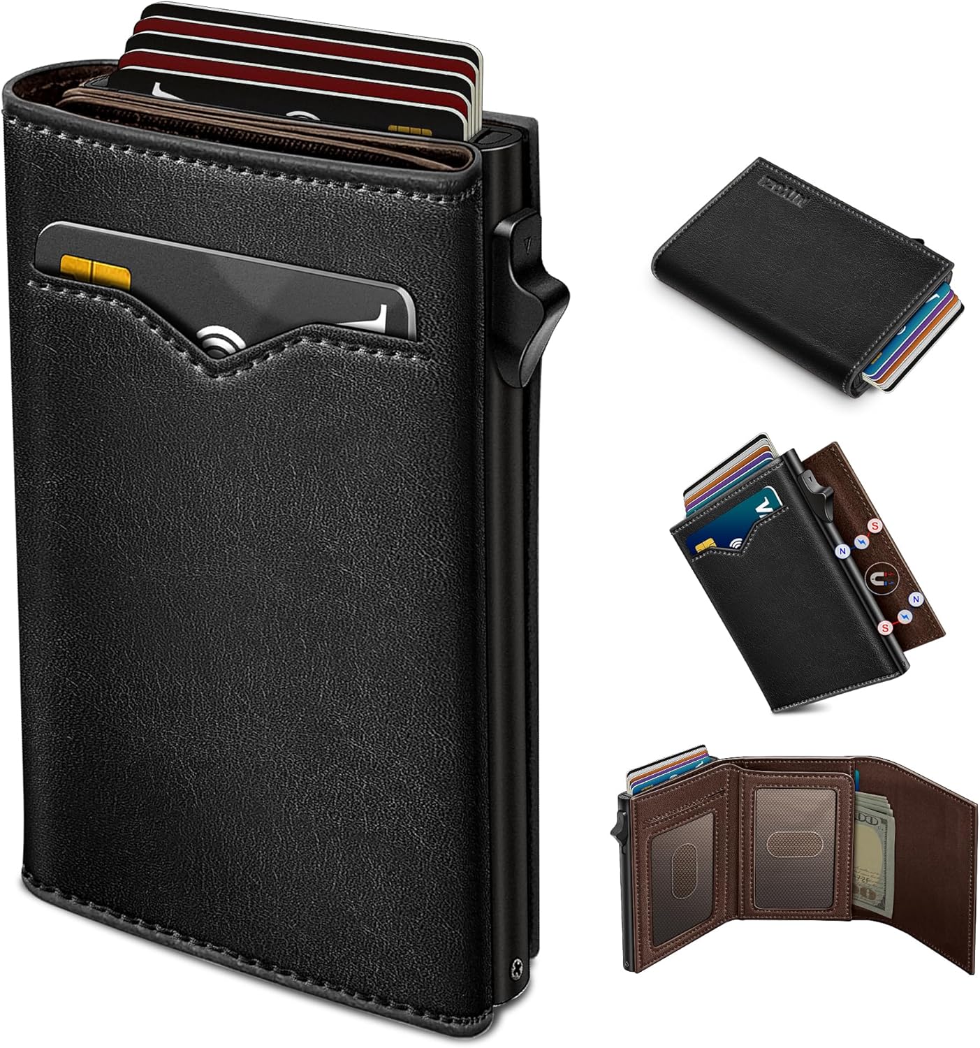 Wallet for Men,with Cash Pocket 2 ID Window 9-13 Cards,Metal Case Smart Slim Pop Up Credit Card Holder Flip with Magnetic Closure RFID Blocking Trifold wallet with Gift Box