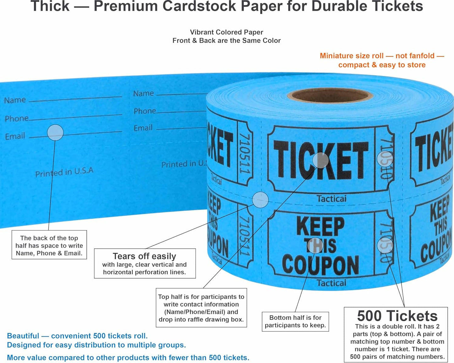 Tacticai 500 Raffle Tickets, Blue (1 of 8 Colors), Double Roll, Ticket for Events, Entry, Class Reward, Fundraiser & Prizes