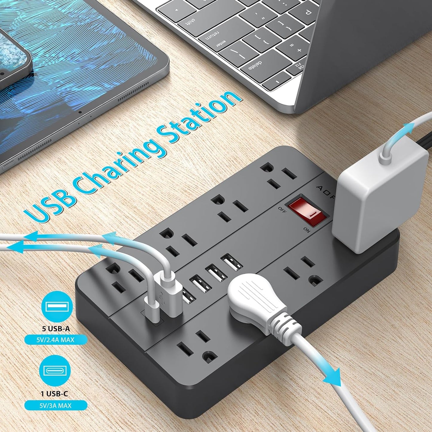 Surge Protector Flat Extension Cord Flat Plug Power Strip, AOFO 8 Widely Spaced Outlets and 6 USB Charger(1 USB C Port), 5 Ft, for Travel, Office, School, Dorm Room Essentials, Black