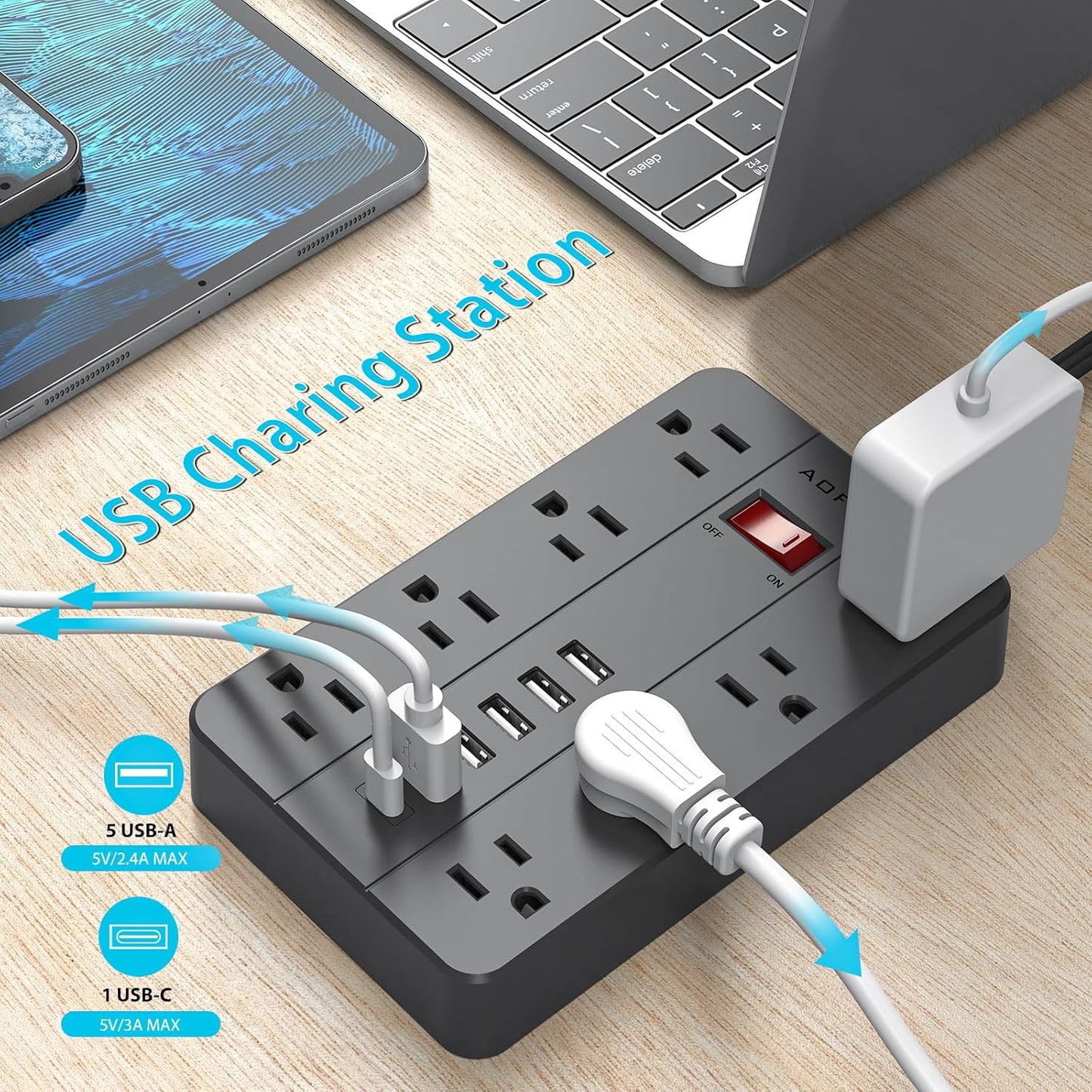 10ft Extension Cord Long Power Strip,AOFO 8 Widely-Spaced Outlets & 6 USB（1 USB C） Ports Flat Plug Power Strip,Power Cord for Wall Mountable and Desktop Black