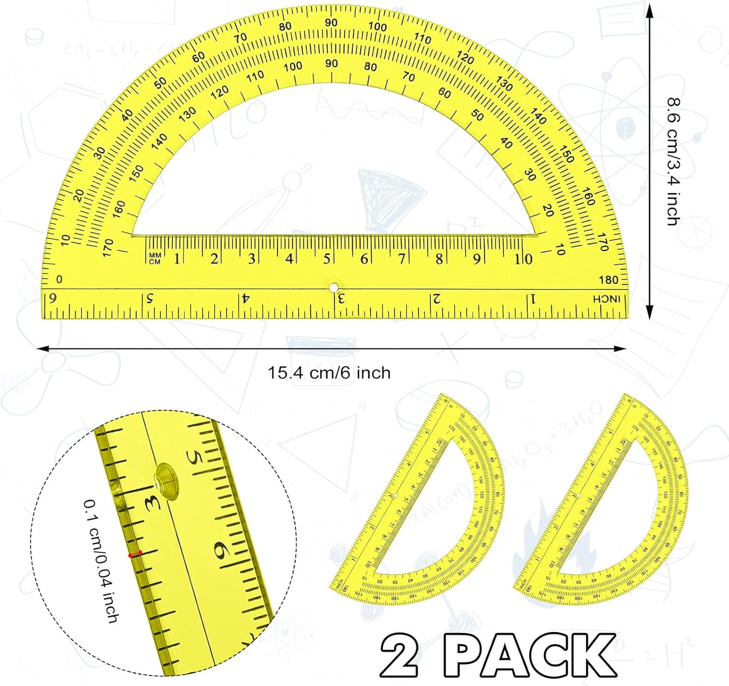 Zonon 2 Pcs 6 Inch Plastic Protractor Math Protractors 180 Degrees Angle Measurement, Translucent for Geometry Classroom Kid Student School Office Supplies(Yellow)