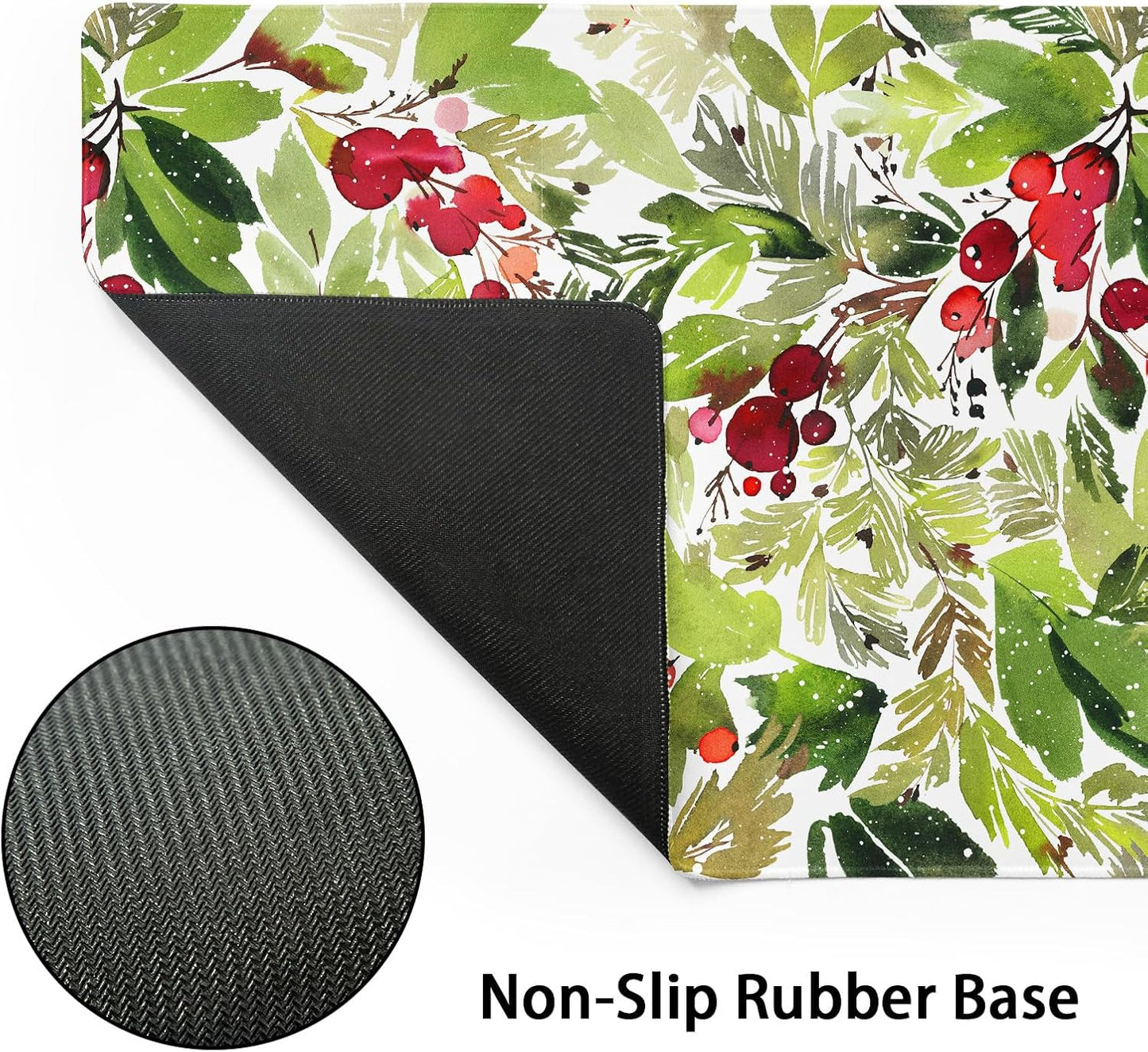 Watercolor Holly Christmas Gaming Mouse Pad XL Green Leaves Red Berry Xmas Extended Large Mat Mousepad Desk Pad Rubber Base Stitched Edge Winter Holiday Long Keyboard Pad for Computer,31.5×11.8 Inch