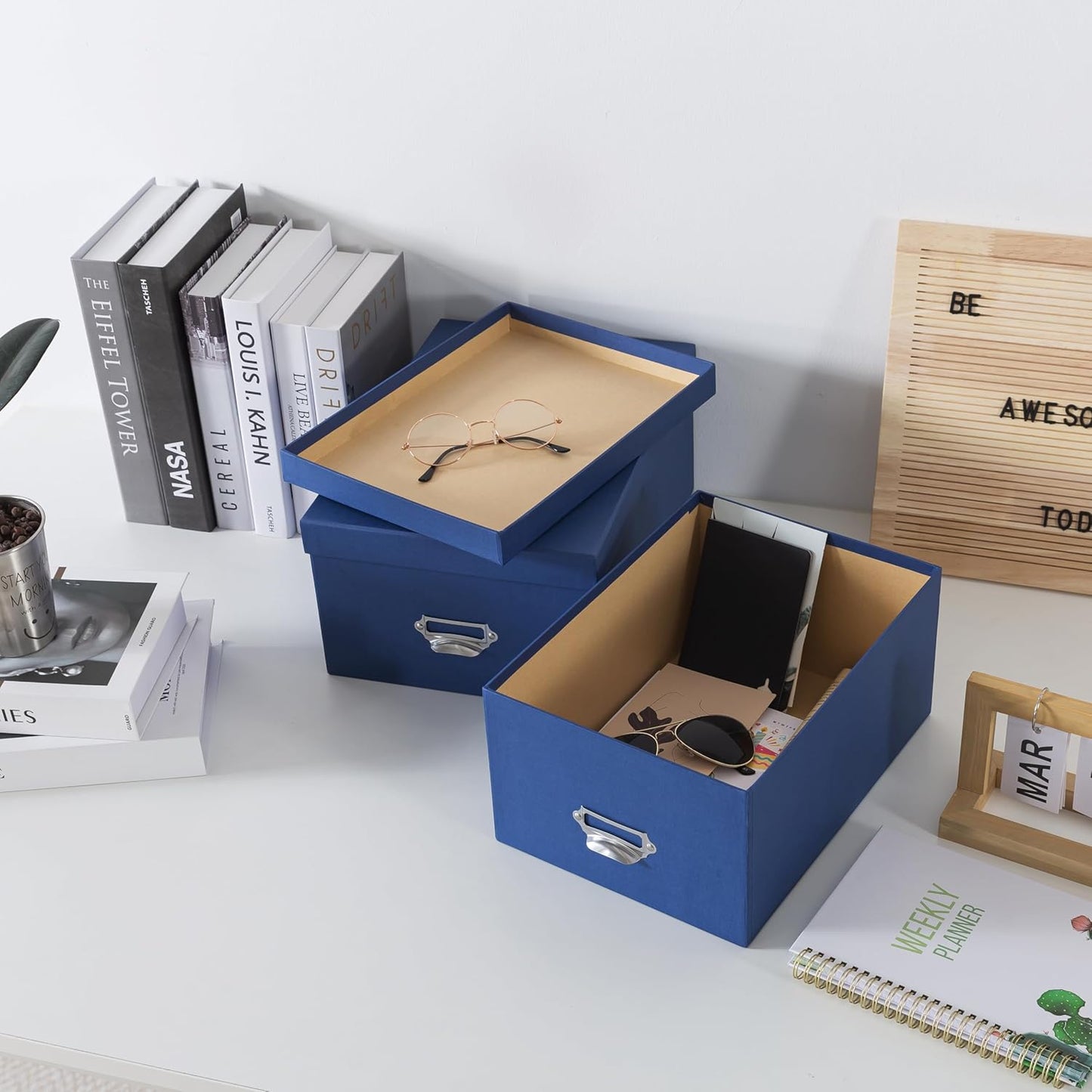 Soul & Lane Blue Decorative Cardboard Storage Boxes with Lids, Set of 2 Stacking Keepsake Photo and Memory Boxes for Home & Office, Elegant Paperboard Organizers with Label Holders and Drawer Pulls