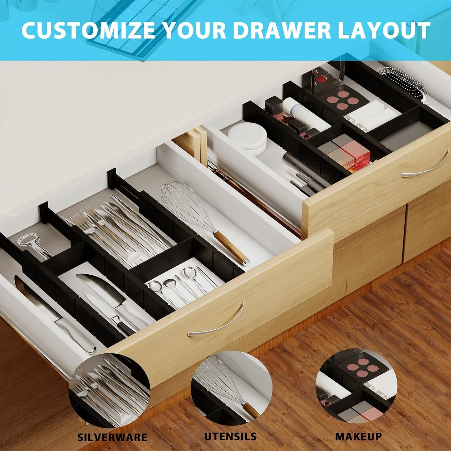 6 Pack Bamboo Drawer Dividers with 12 Inserts, Expandable Adjustable Clothes Drawer Organizers and Storage from 17" to 22" for Kitchen, Bedroom, Dresser, Cosmetics (Black)