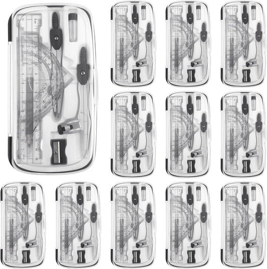 Teling 12 Sets Math Geometry Kit for Students 10 Pcs Compass Geometry Tools Set Includes Rulers Protractor Compass Eraser Pencil Sharpener Lead Refills Pencil (Black)