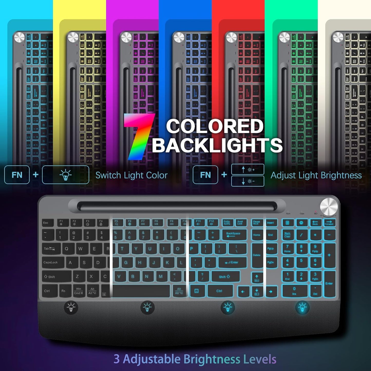 Backlit Keyboard and Mouse Combo, 7 Colors Wireless Keyboard Ergonomic with Wrist Rest and Volume Knob,Phone Holder,Rechargeable with Light Up Keyboard for Laptop, PC, Mac, Windows -Black