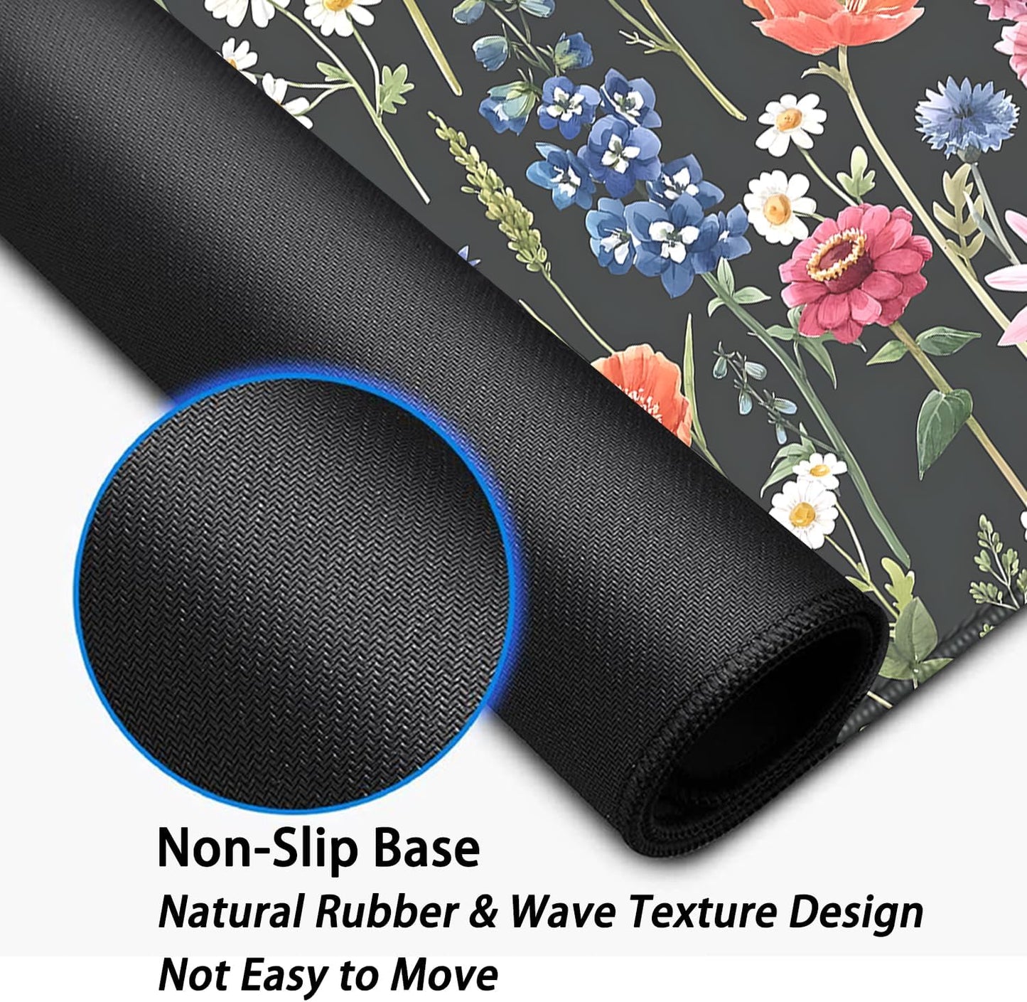 Black Background Watercolor Flowers Desk Pad Mouse Pad,Large Floral Mouse Mat with Stitched Edges,Non-Slip Rubber Base Mousepad for Office PC Keyboard Laptop and Home Work Desk Mat(27.5X11.8 in)