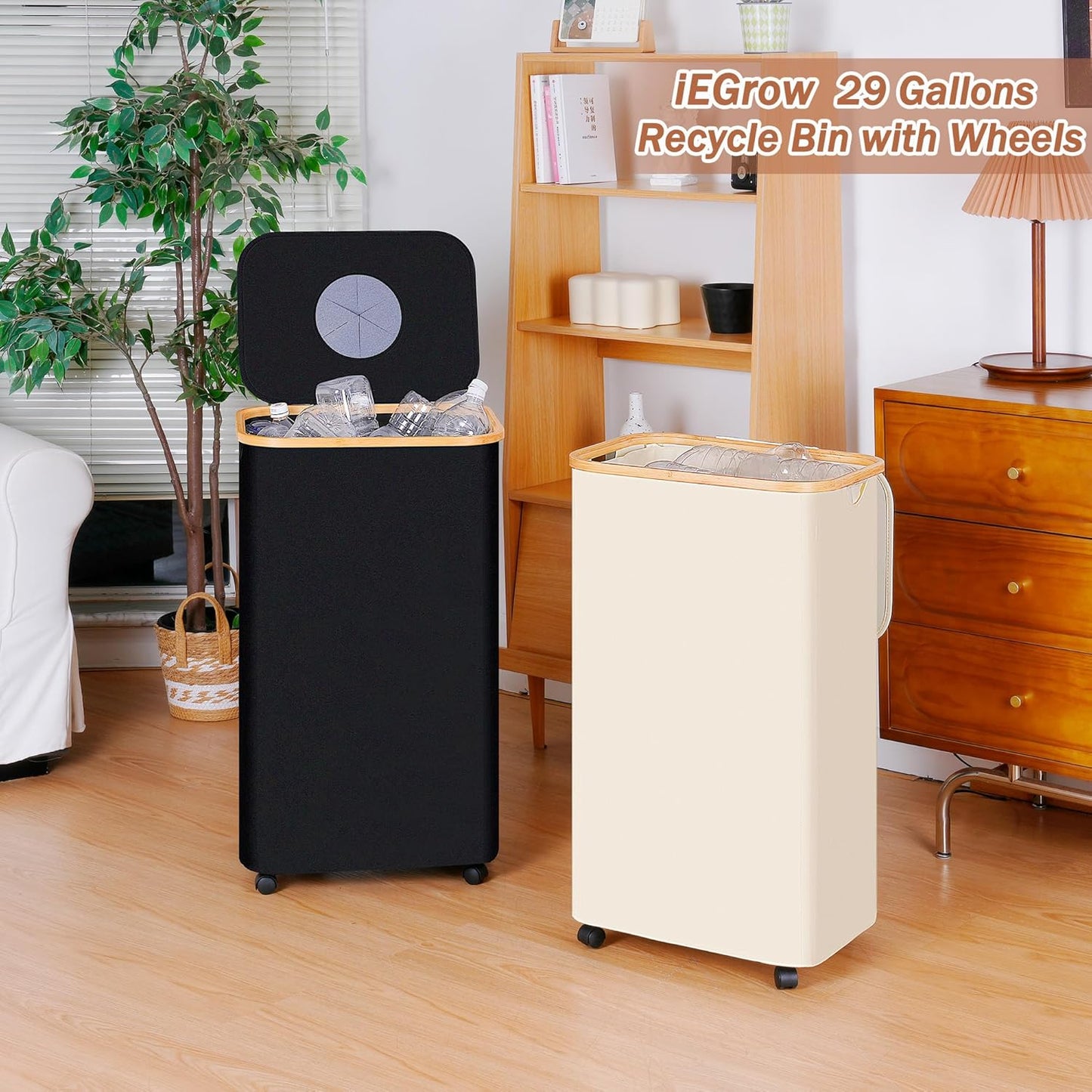 Recycling Bin for Kitchen, Indoor Home Recycle Bins with Wheel, 29 Gallons Large Recycling bin with 2 Removeable Reusable Inner Bags, for Bottles Cans Glass Plastice Cartons(Beige)