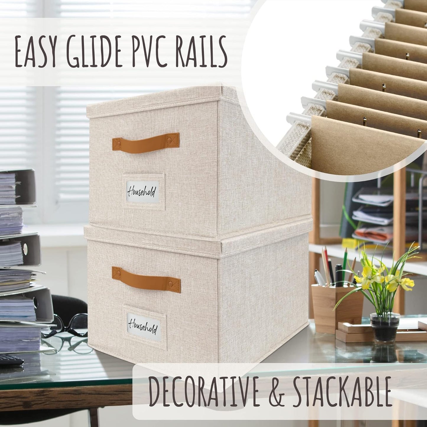 ZICOTO Decorative File Organizer Box Set of 2 - Collapsible Linen Filing Cabinets w/Handles Are Perfect to Store all Your Documents & Hanging File Folders - Portable Easy Slide Crates with Lid