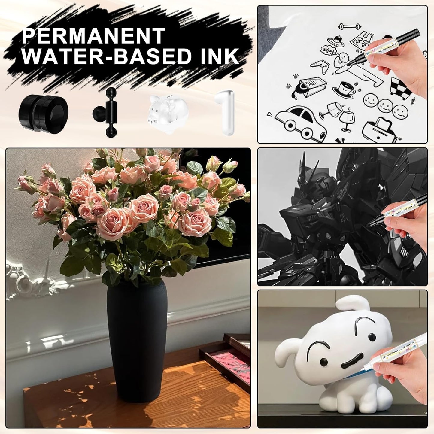 Paint Markers Paint Pens - 2 Pack Dual Tip Acrylic Permanent Marker (0.7mm & 3mm), Non-Toxic, Water-Based for Art Painting, Stone, Ceramic, Glass, Wood, Fabric, Metal, DIY Crafts (Black/White)