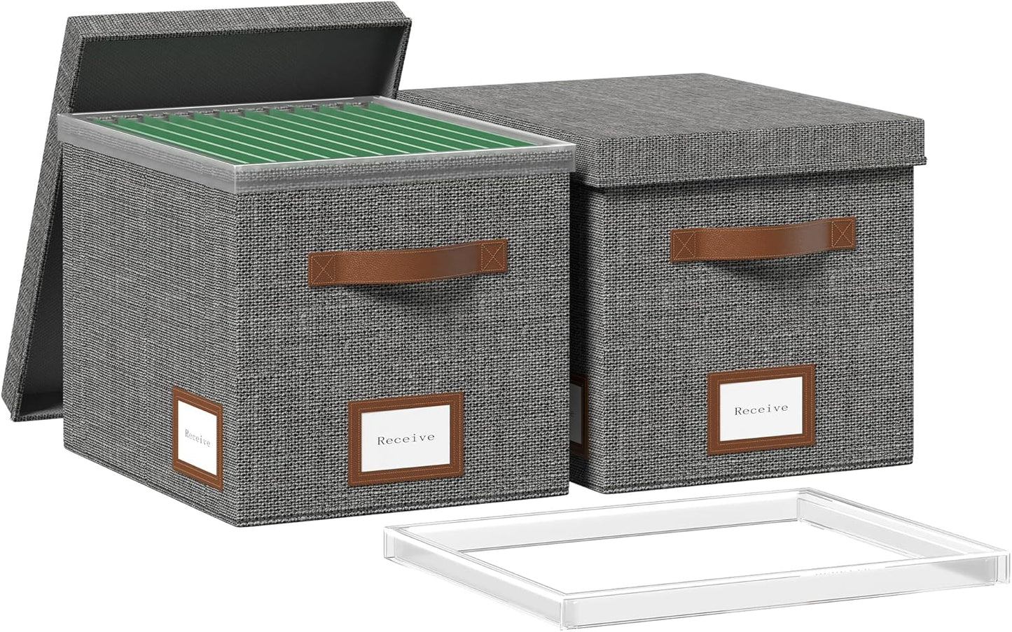 File Box for Hanging, File Organizer Box with Lid Decorative File Folders Letter Size Organizer with One-Piece Integrated Plastic Slide Rail (Grey, 13.2x10.1x10.1inch(2pack))