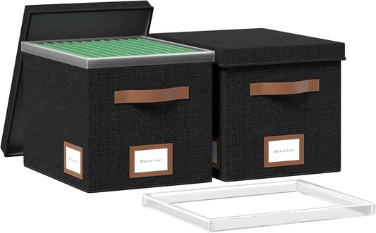 File Box for Hanging, File Organizer Box with Lid Decorative File Folders Organizer with One-Piece Integrated Plastic Slide Rail (Black, 13.2x10.1x10.1inch(2pack))