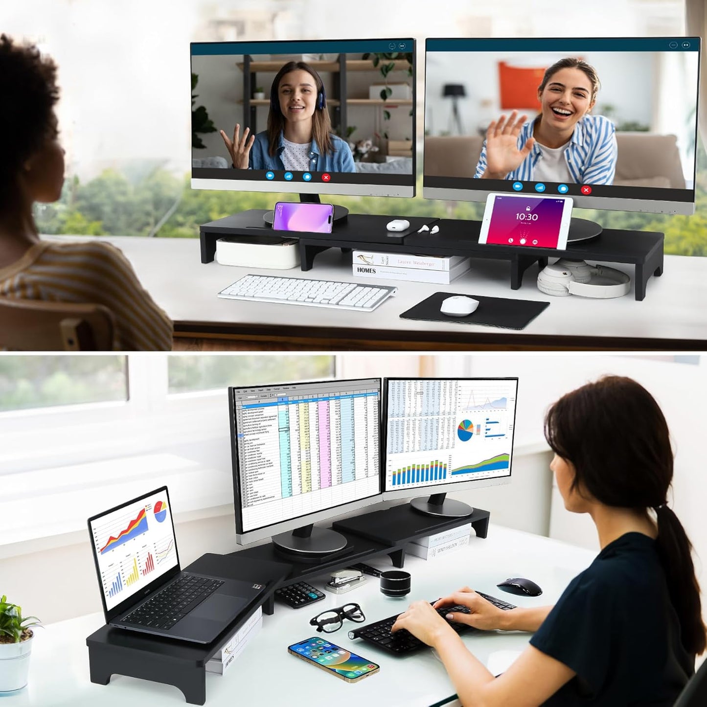 Nnewvante Monitor Stand Riser, 60 inch Large Bamboo Dual Monitor Stand for Desk, 3 Shelves Desktop Screen Riser with Adjustable Length Angle for Computer Laptop PC,Black