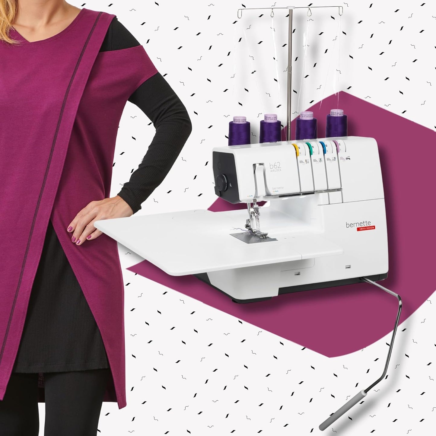 Bernette B62 Airlock Coverstitch Machine Bundle | Air Threader, Scissors, Rotary Cutter, Threads, Self Healing Foldable Cutting Mat, LED Light, Extension Table | Heavy Duty, Beginner to Professional