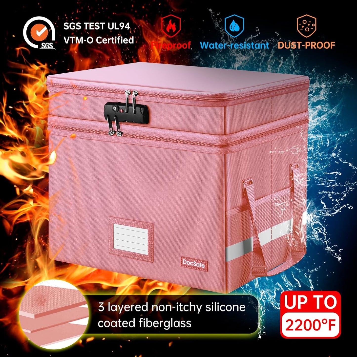 DocSafe File Box with Lock,Multi-Layer Fireproof Document Box Collapsible File Storage Organizer with Pockets/Handle,Large Portable Home Office Filing Safe for Hanging Letter/Legal Size Folders,Pink
