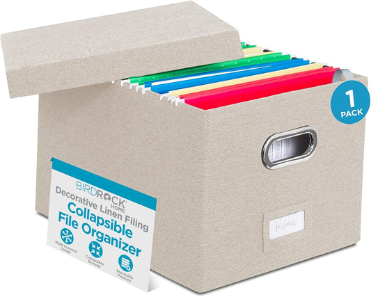 Internet's Best Collapsible File Storage Organizer Box with Lid - Decorative Linen Hanging Filing & Storage Office Box - Letter/Legal - Strong Durable - Toys Blankets Binders - Cream - 1 Pack