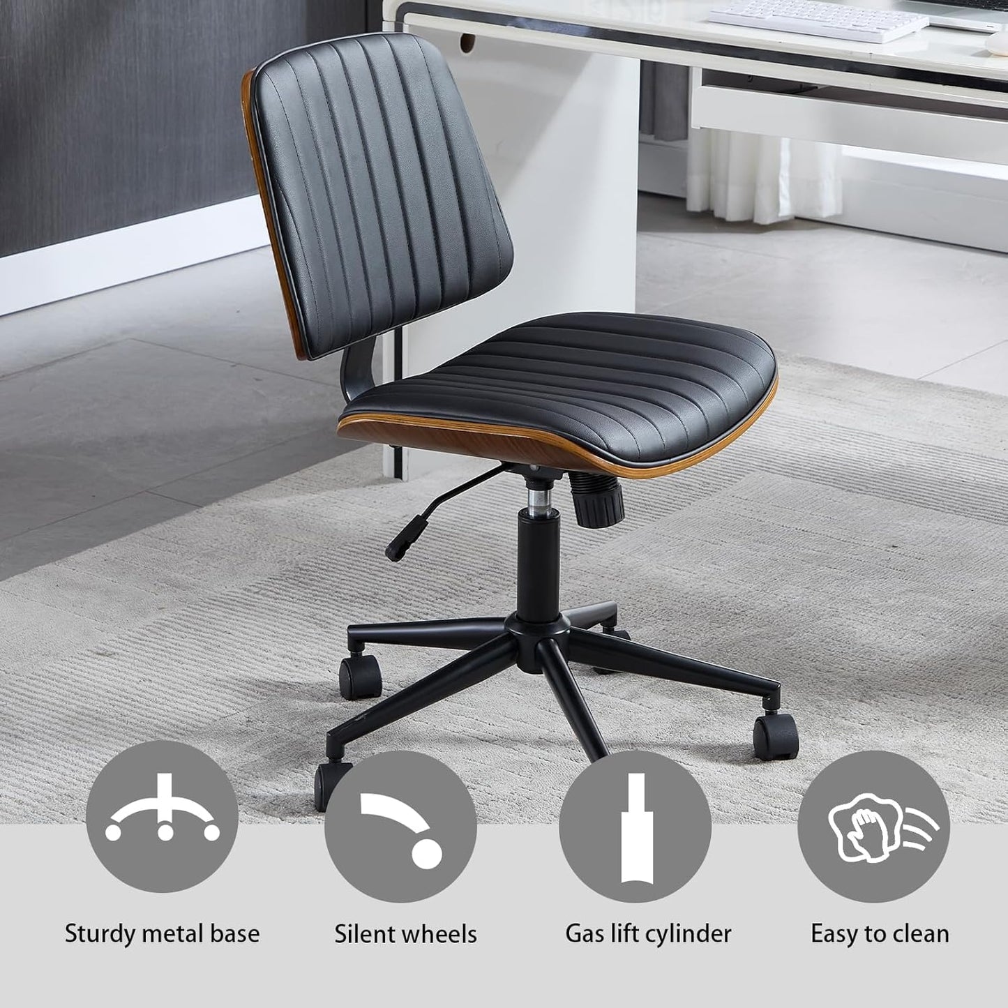 Small Home Office Chair - Armless Mid Back Desk Chair with 360° Swivel and Wheels, PU Upholstered Height Adjustable Modern Walnut Computer Chair for Home, Office Meeting Room - White