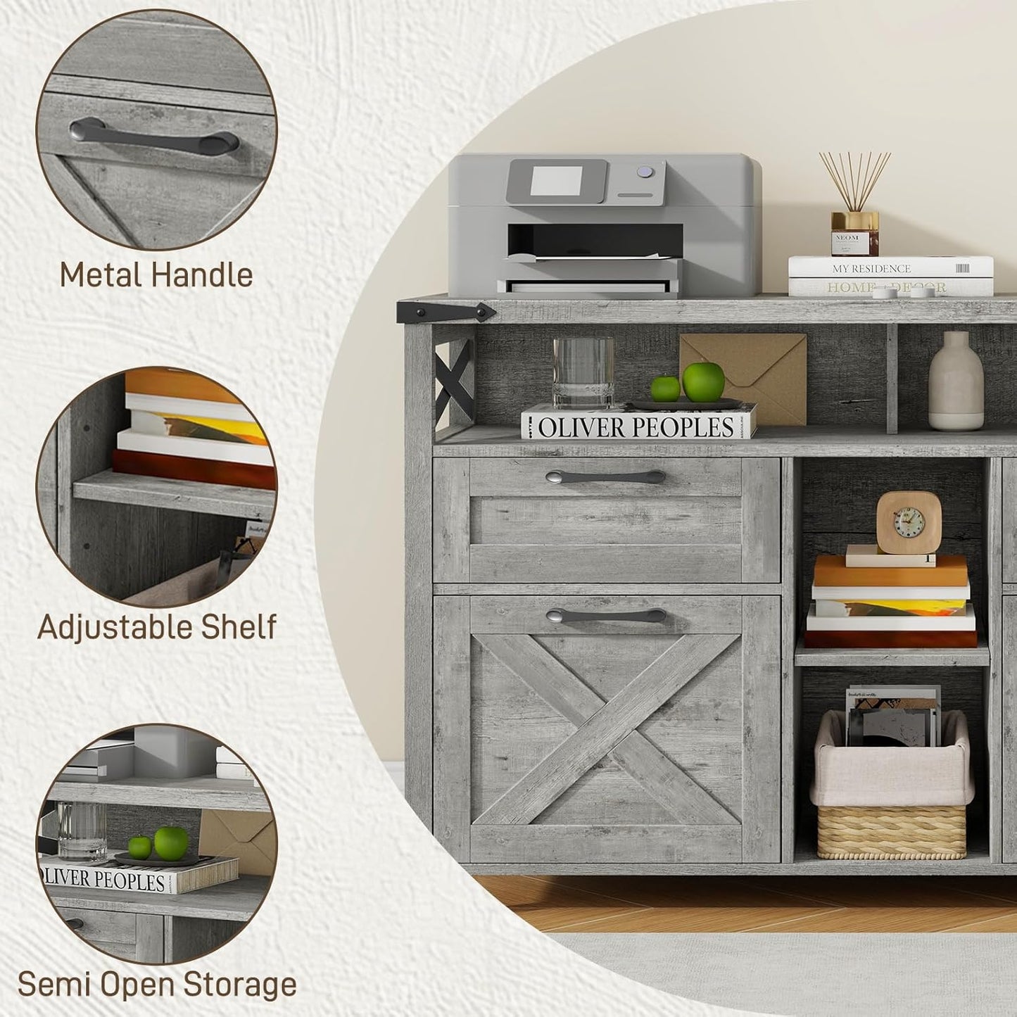 Farmhouse Filing Cabinet with Adjustable Shelf for Home Office, Lateral File Cabinets 4 Drawers with Open Storage Shelf, Filing Organization Storage Cabinets for Hanging Files Letter/A4.(Grey)