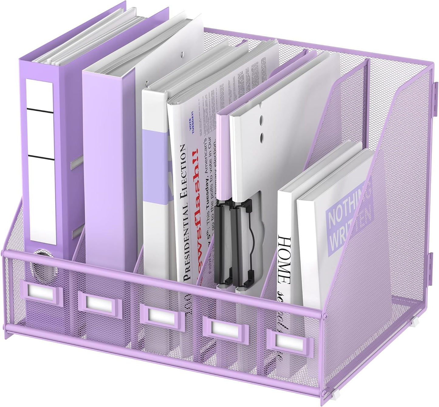 SUPEASY Desk Organizers Metal Desk Magazine File Holder with 5 Vertical Compartments Rack File Organizer for Office Desktop, Home Workspace, Purple Plus
