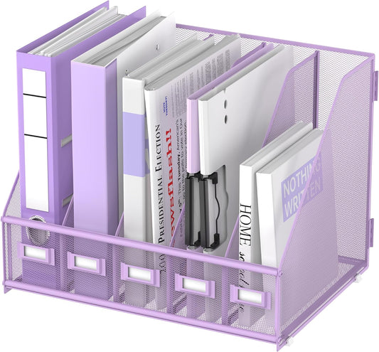 SUPEASY Desk Organizers Metal Desk Magazine File Holder with 5 Vertical Compartments Rack File Organizer for Office Desktop, Home Workspace, Purple Plus