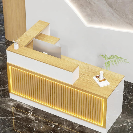 L Shaped Reception Desk, Solid Wood Front Desk with Counter & Lockable Drawers, Retail Checkout Customer 2 Person Secretary Desks for Home Office Lobby Store (63in,Right)