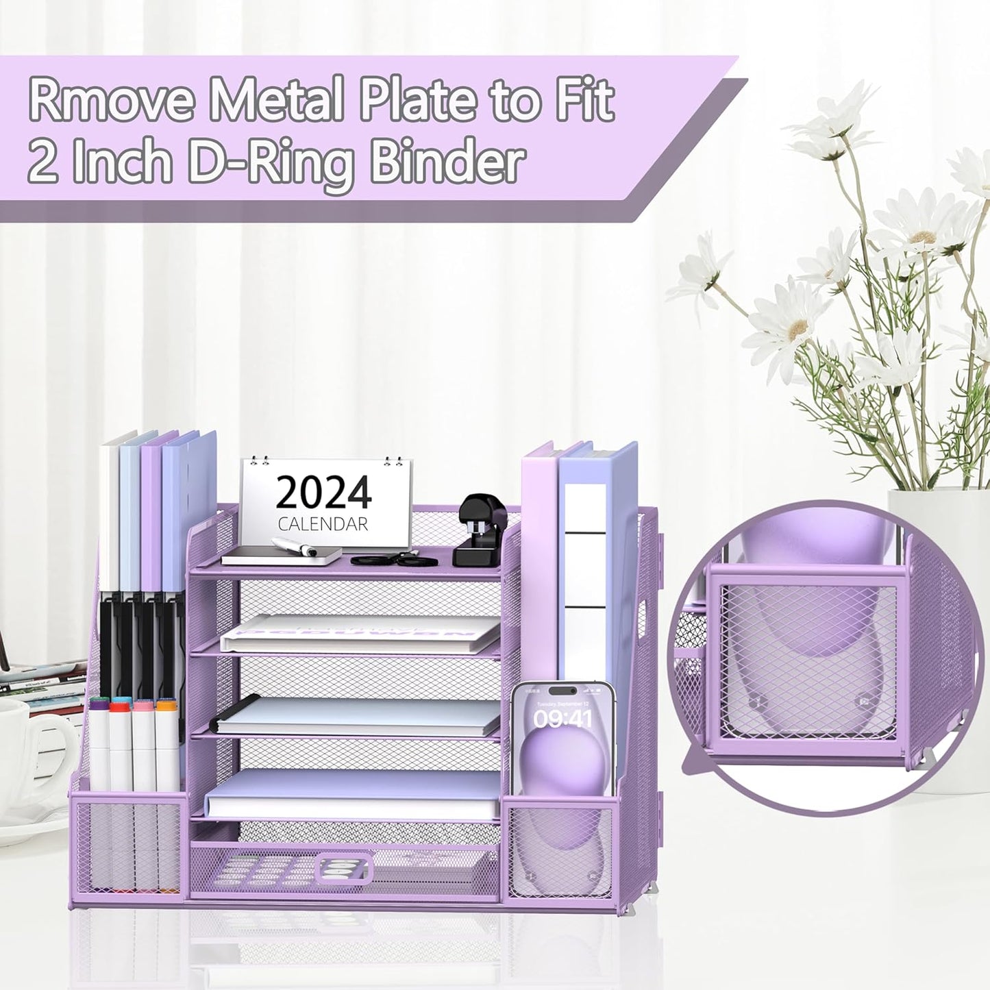 SUPEASY Mesh Desk Organizer with File Holder, 5-Tier Paper Letter Tray Organizer with Magazine Holder, Desktop Organizer and Storage with Drawer for Office Supplies Home or School, Purple