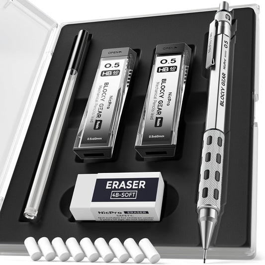 Nicpro Blocky Gear 0.5 mm Mechanical Pencil Set in Case, Metal Pencil with Lead Refills, Eraser for Professional & Adult Art Writing Drafting Drawing