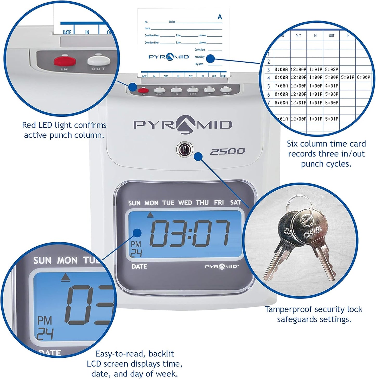 Pyramid Time Systems - Model 2500 Auto Aligning and Top Loading Time Clock [2500K1] Bundle Includes: Time Clock, 100 Time Cards, 2 Ink Ribbon cartridges, one 10 slot time card rack and 2 Security Keys