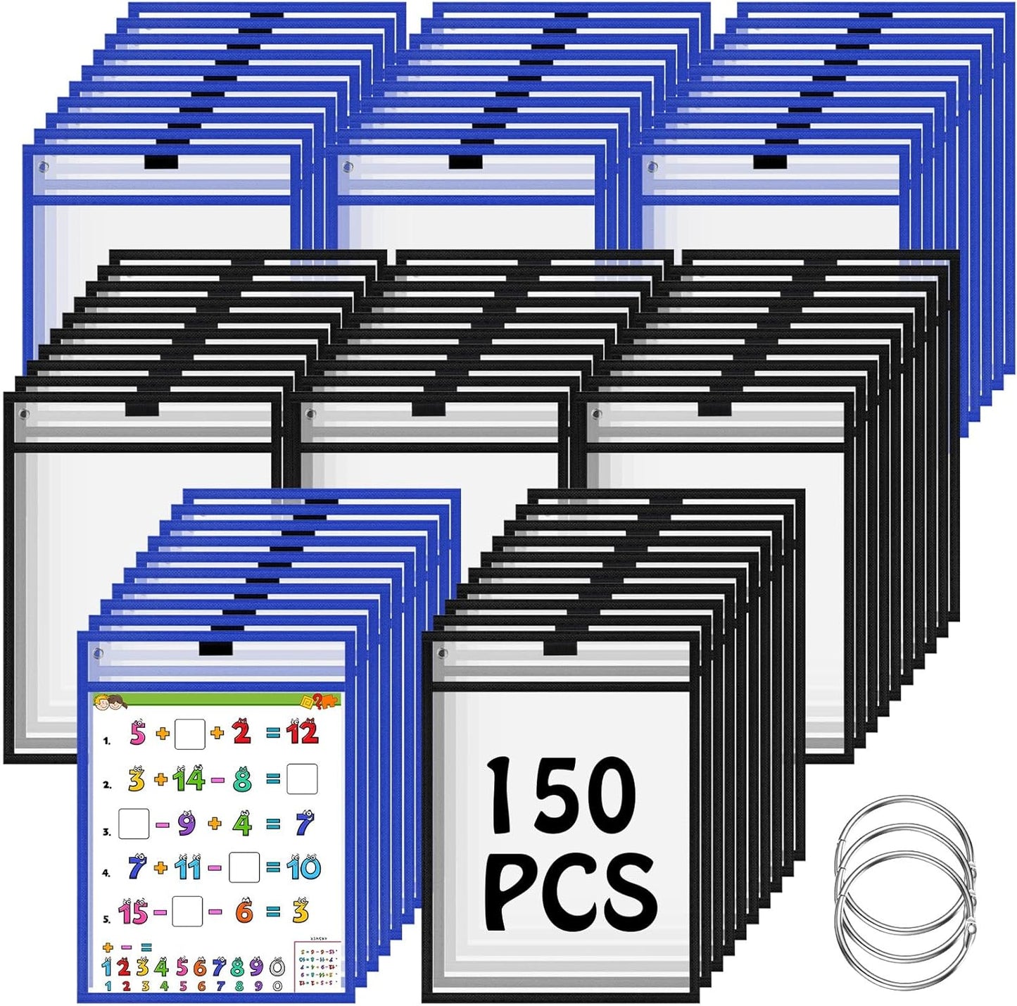 Teling 150 Pcs Dry Erase Pockets Bulk Reusable Job Ticket Holders Clear Plastic Sleeve Protector Work Order Sleeve Shop Ticket Holder for Welcome Teacher Back Office Supplies(10 x 14'',Black Blue)