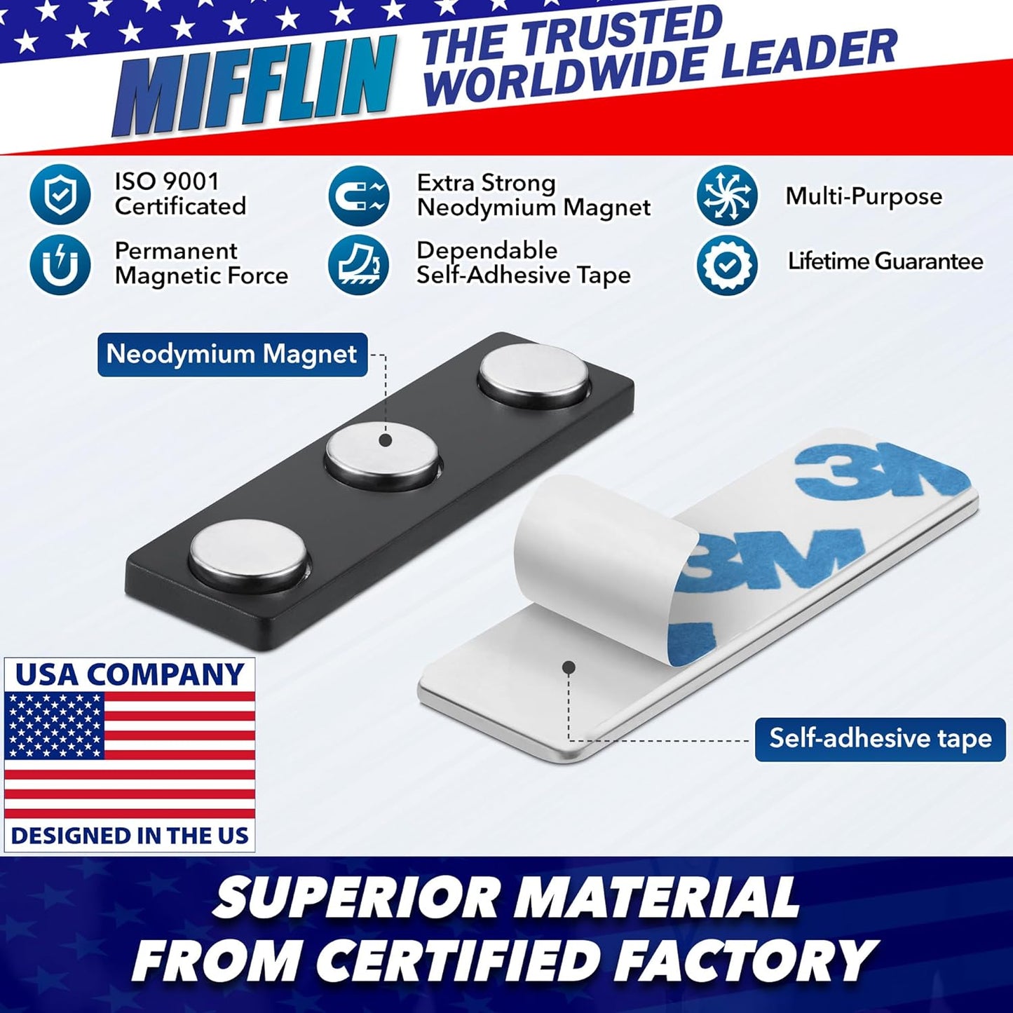 Mifflin-USA - Name Tag Magnets - 500 Pack, 1.75 x 0.5 Inches - Premium ID Badge Holder with 3 Extra Strong Neodymium Magnets