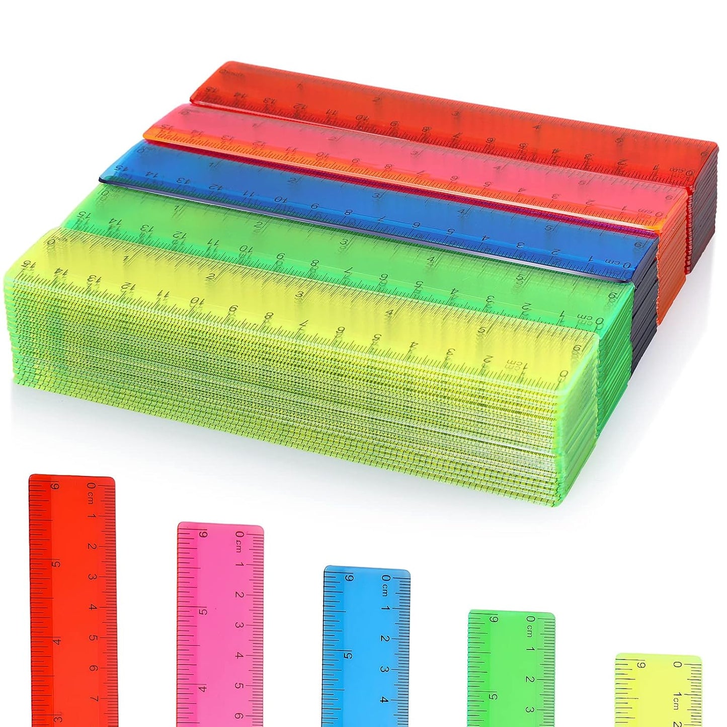 Zonon 100 Pcs 6 Inch Rulers Bulk Plastic Flexible Small Straight Rulers with Inches and Centimeters First Day of School Gift for Students Back to School Office Supplies(Colorful, Transparent)