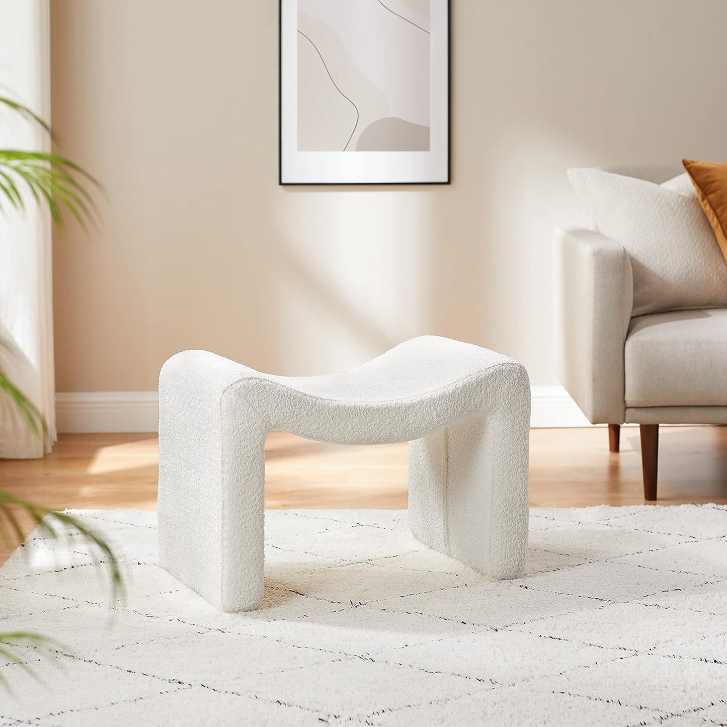 Modern Boucle Ottoman, Vanity Stool Chair, Foot Stool with Wooden Legs Sofa Bench Footstool Extra Seat for Vanity, Makeup Room, Living Room, Entryway, Set 2, White