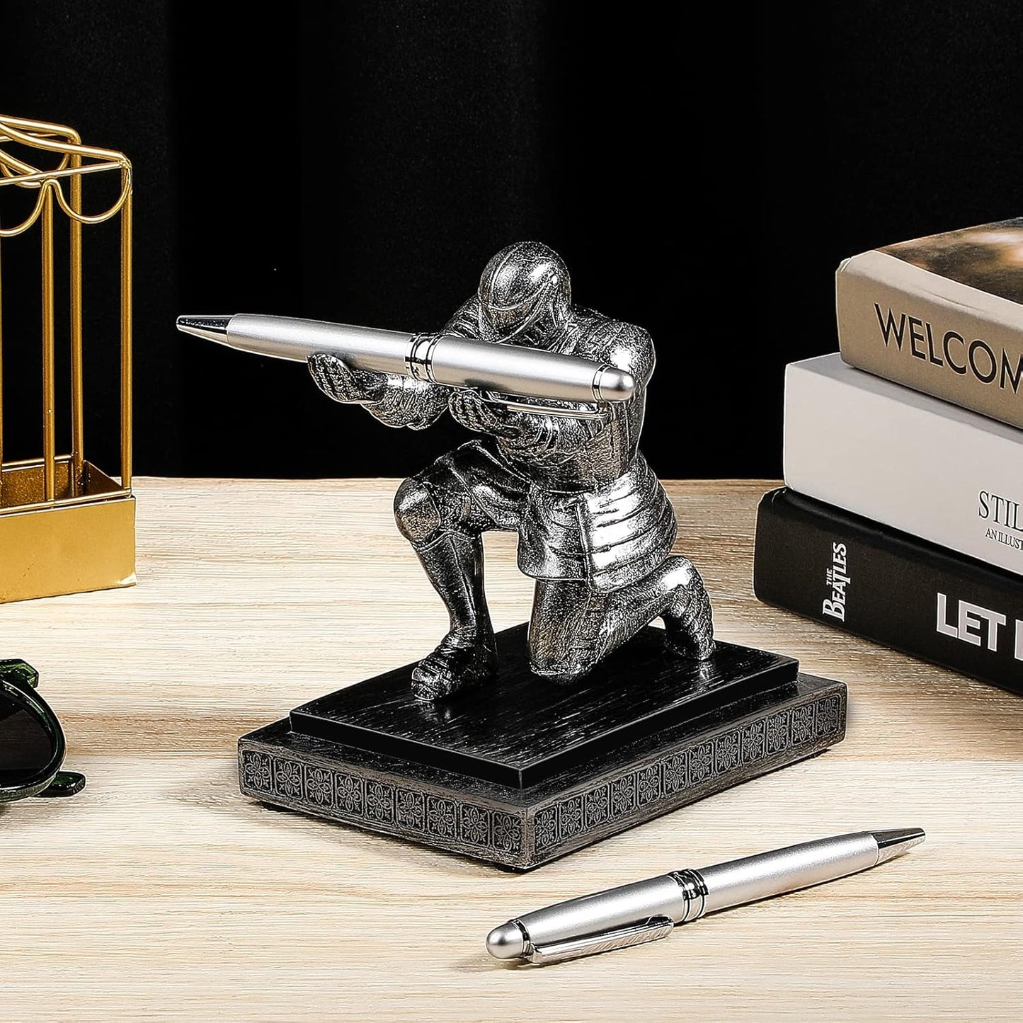 Spakon Knight Pen Holder with 2 Pens Resin Desk Organizers and Accessories Funny Executive Pen Stand Fancy Cool Office Gadgets Cool Desk Decorations for Men Home Supplies(Classic,Iron)