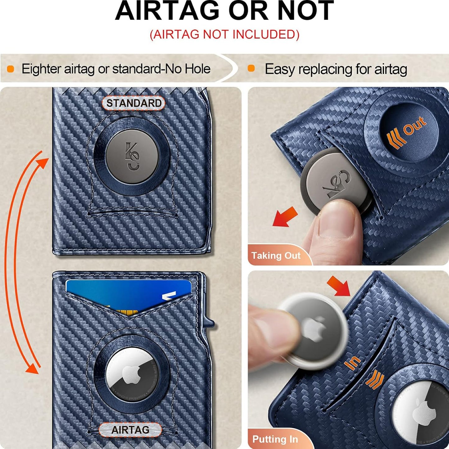 KEMISANT Airtag Wallet Men,Mens Slim Front Pocket Wallet Money Clip Standard or Apple Airtag Use 3.8"×2.8"×0.9"