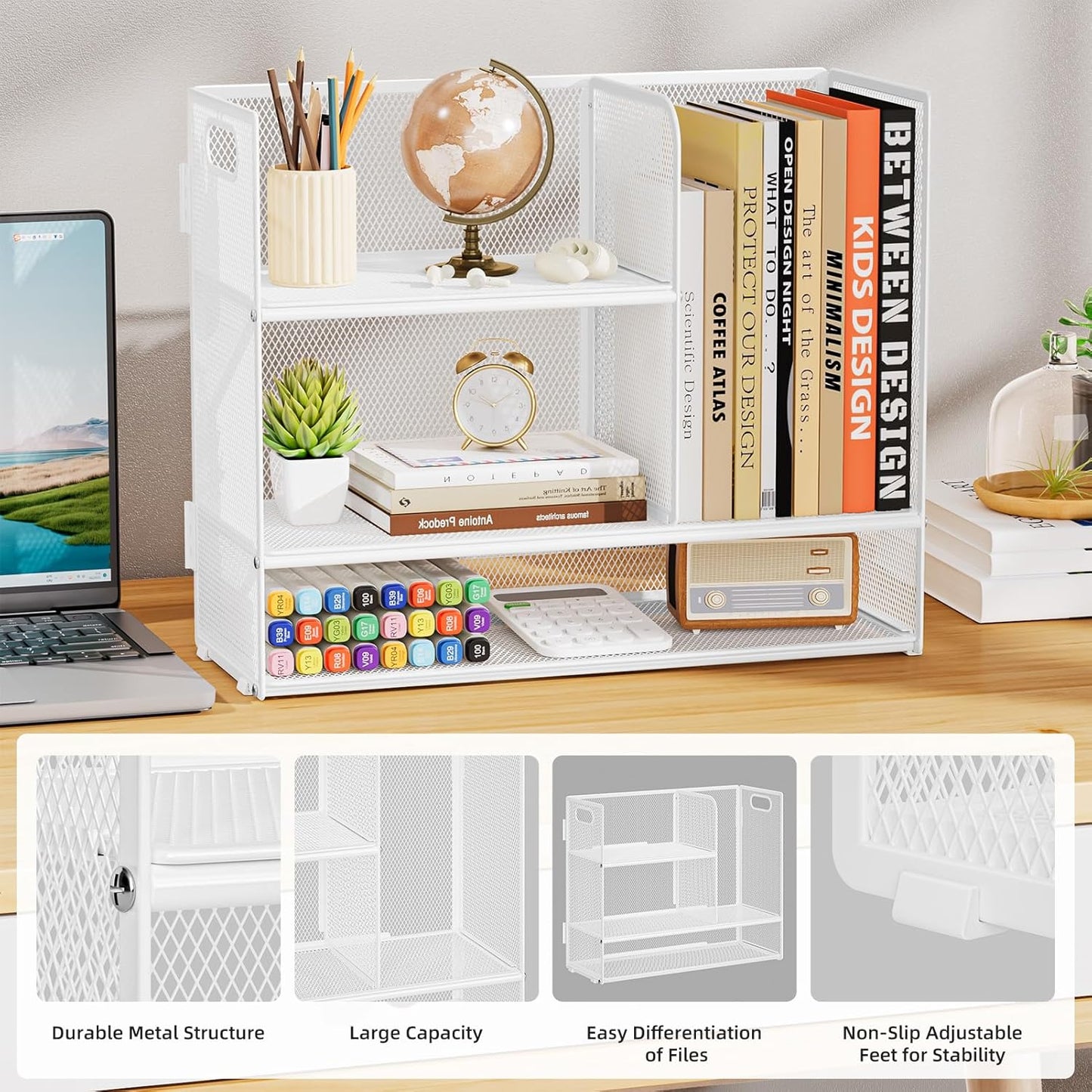 Marbrasse 3-Tier Desk Shelf Organizer with Handle, Desktop Bookshelf File Holder, Mesh Display Shelf Organizer Storage Rack for Office, Home, Supplies, Kitchen (White)