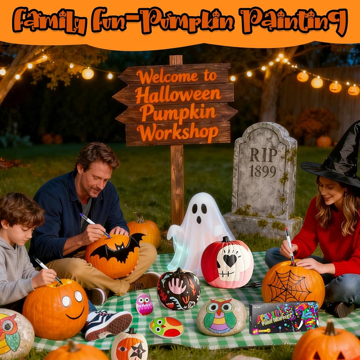 SFAIH Pumpkin Acrylic Markers, 24 Colors Halloween Decor Paint Pens for Pumpkin Decorating, Costume Making, Dual Tips (1-6mm Brush & 0.5-4mm Chisel) for Glass, Ceramic, fabric, Waterproof & Quick-Dry