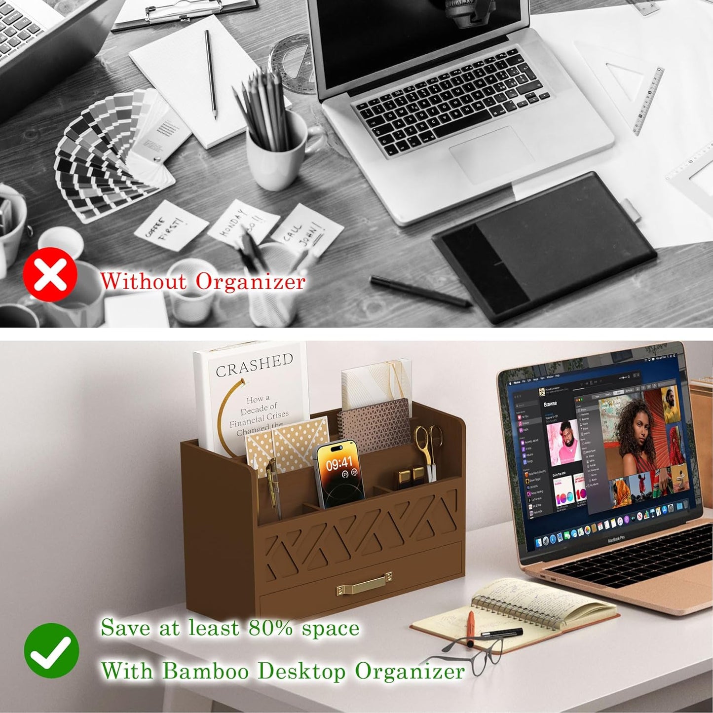 Bamboo Mail Organizer Countertop Wood Desk Organizer Drawer Tabletop Storage Box Letter Sorter Makeup Organizer for School Home Office Supplies Brown