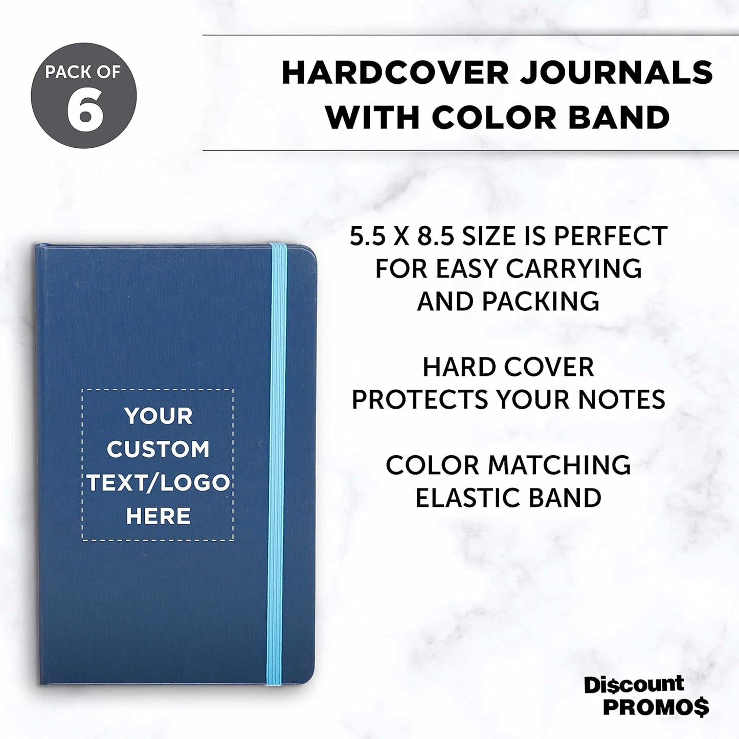 DISCOUNT PROMOS Custom Hardcover Notebook Journals with Elastic Colored Band Set of 6, Personalized Bulk Pack - Perfect for School, Office, Home - Blue