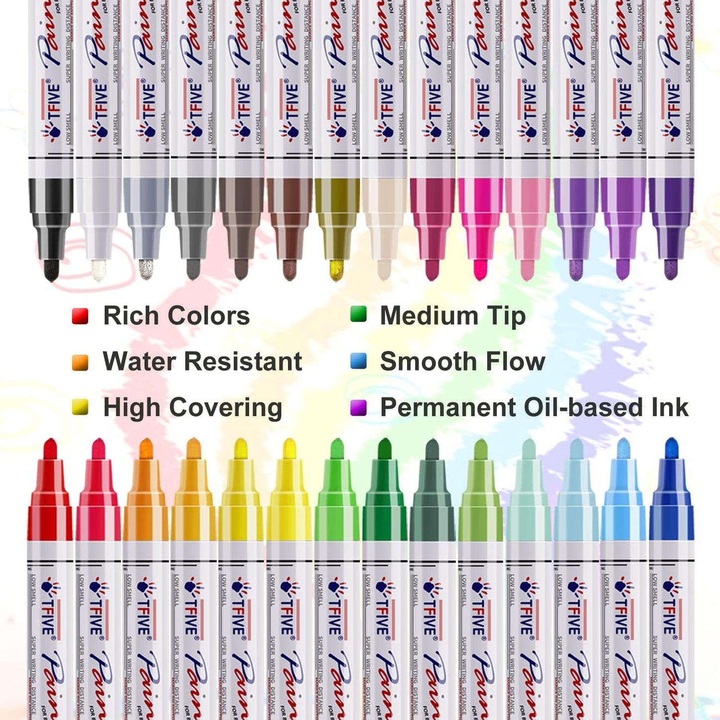 TFIVE Paint Markers Pens Set, 28 Color Oil-Based Permanent Paint Marker, Medium Tip, Quick Dry and Waterproof Pen for Rock Painting, Ceramic, Wood, Fabric, Plastic, Canvas, Glass, Mugs