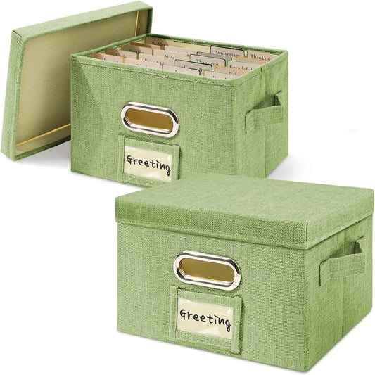 Vienrose Greeting Card Organizer 2 Pack, Storage Box with 40 Adjustable Dividers, Foldable Organizer Box Holds over 150 Cards, Storage Stickers Recipes Photos Envelopes Bills Vinyl Records, GrassGreen