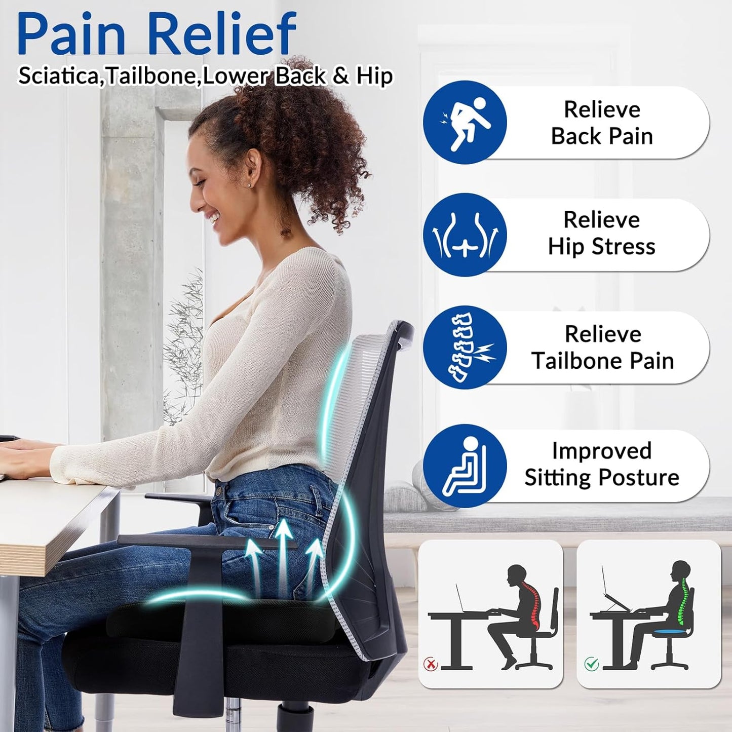 Ergonomic Memory Foam Seat Cushion for Office Chair, Extra Large Pad with U-Shaped Design for Pressure Relief, Coccyx Sciatica & Back Pain Relief, for Home, Car Long Sitting (Black)