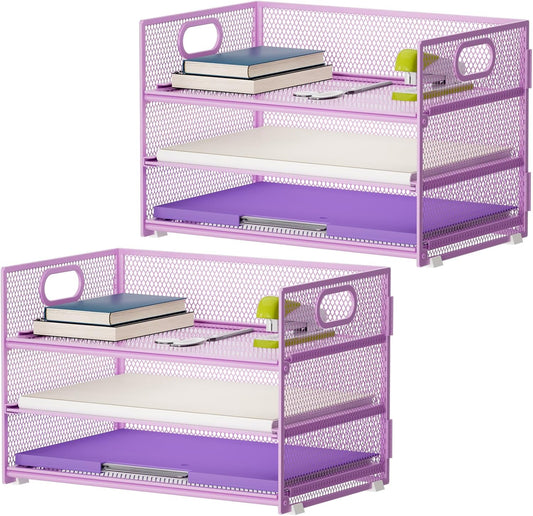 Marbrasse 3 Tier Paper Organizer Letter Tray, Mesh File Organizer with Handle, Paper Sorter Desk Organizer for Home Office Supplies - 2p Purple