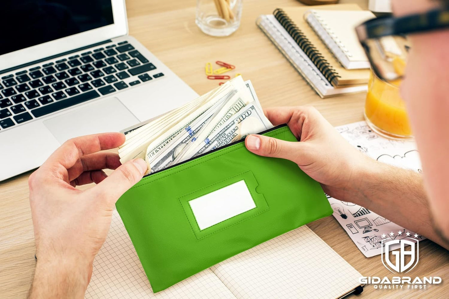 Money Bank Deposit Bag with Zipper | 11x6 inch | Light Green | Durable Leatherette Money Cash Coin Check Wallet Pouch for Men & Women with Framed ID Window and Blank Card | by GIDABRAND (1)