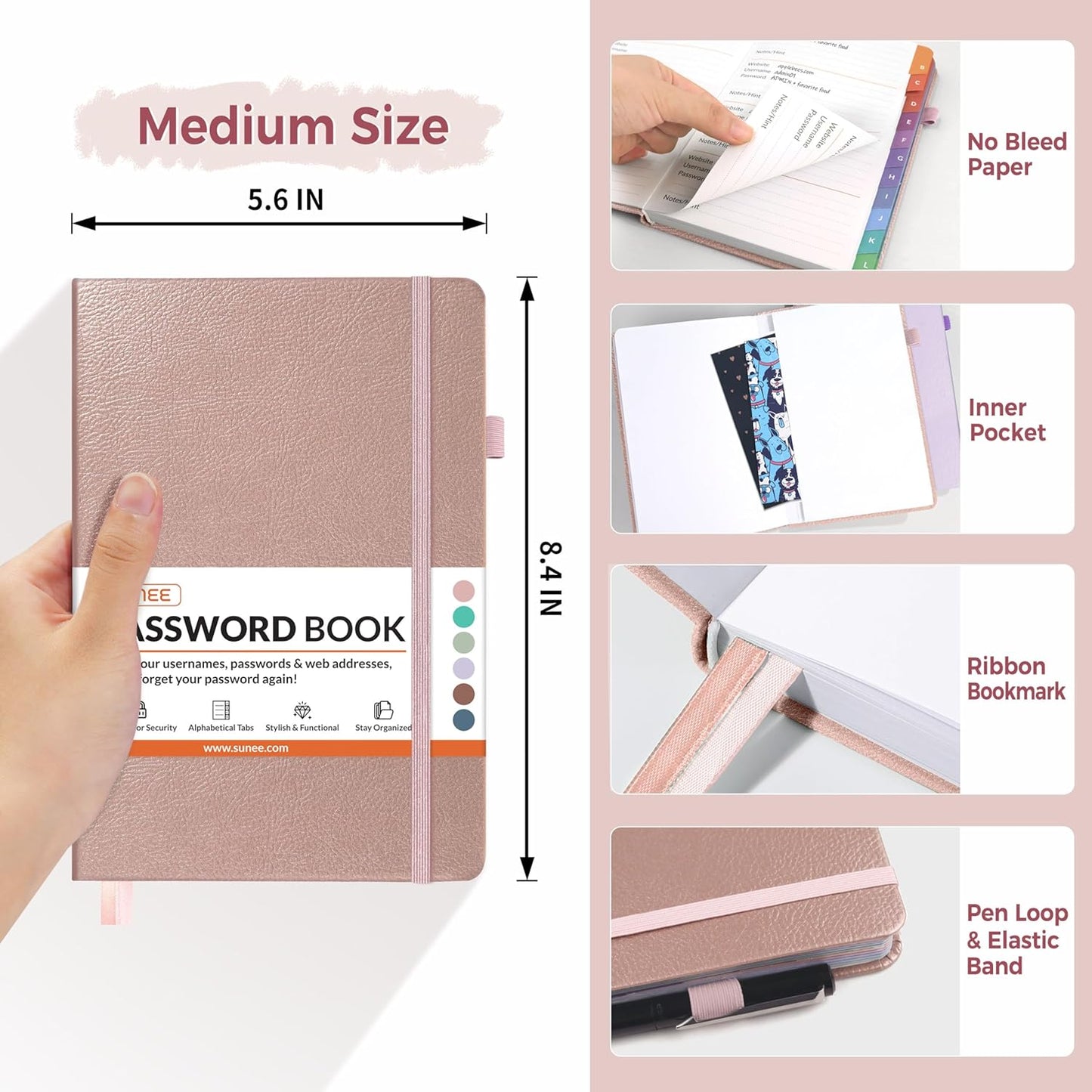 SUNEE Password Book with Colorful Alphabetical Tabs, Password Books for Seniors, Password Keeper Book for Computer and Internet Address Website Login, 5.3''x 7.7''- Rose Gold
