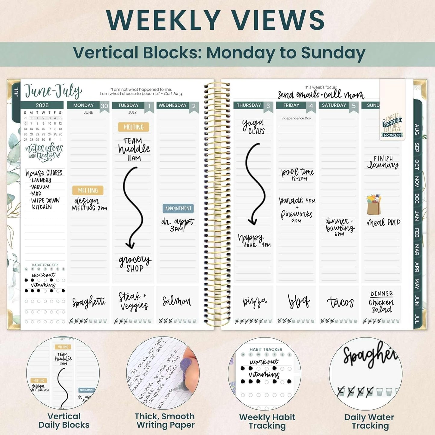 bloom daily planners 2025-2026 Hardcover Academic Year Goal & Vision Planner (July 2025 - July 2026) - Monthly & Weekly Calendar Agenda Organizer - 7.5" x 9" - Eucalyptus, White